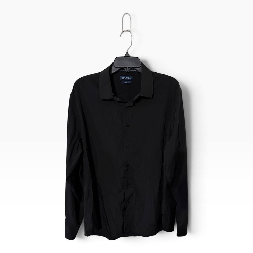 Nautica Mens Slim Fit Dress Shirt Black Long Sleeve Stretch XL 17-17.5 34/35